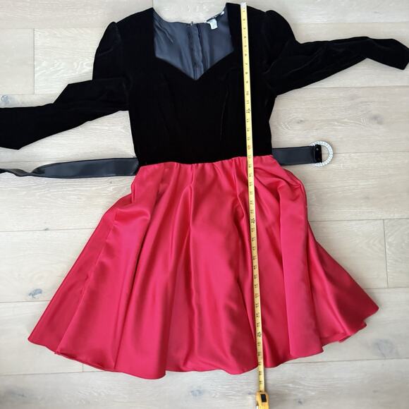 Dave Johnny Vintage 80s Black Velvet Red Satin Prom Party Holiday Dress 13-14 - Picture 9 of 10